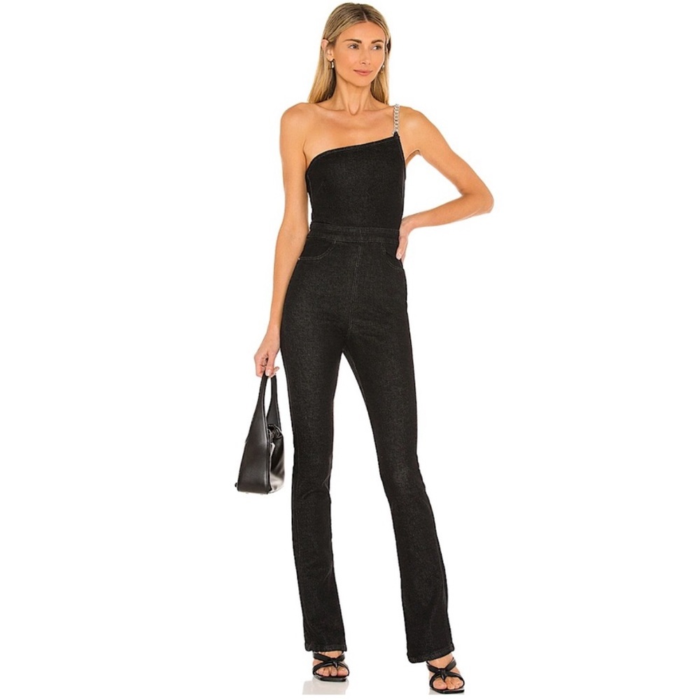 WEWOREWHAT Revolve Asymmetrical Chain
Strap Denim Jumpsuit Washed Black Size 2